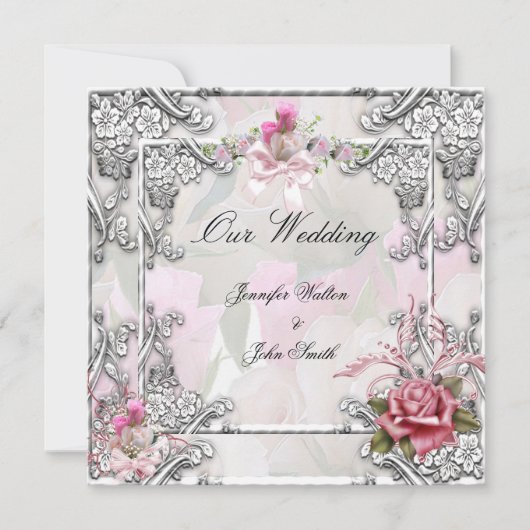 Elegant Wedding Pink Rose Silver White Kaart (Voorkant)