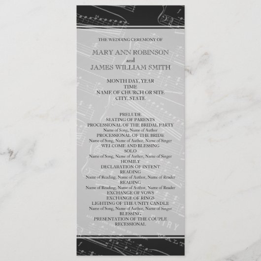 Elegant Wedding Program — Blad Muziek zwart Programmakaart (Voorkant)