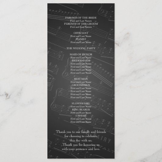 Elegant Wedding Program — Blad Muziek zwart Programmakaart (Achterkant)