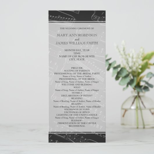 Elegant Wedding Program — Blad Muziek zwart Programmakaart (Staand voorkant)