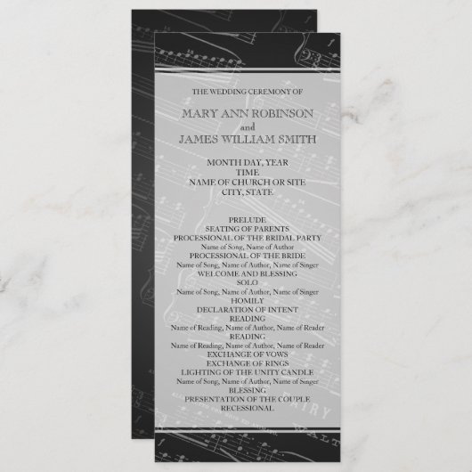 Elegant Wedding Program — Blad Muziek zwart Programmakaart (Voorkant / Achterkant)