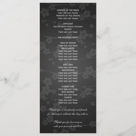 Elegant Wedding Program Cherry Blossom Black Programmakaart (Achterkant)