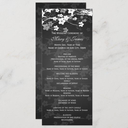 Elegant Wedding Program Cherry Blossom Black Programmakaart (Voorkant / Achterkant)
