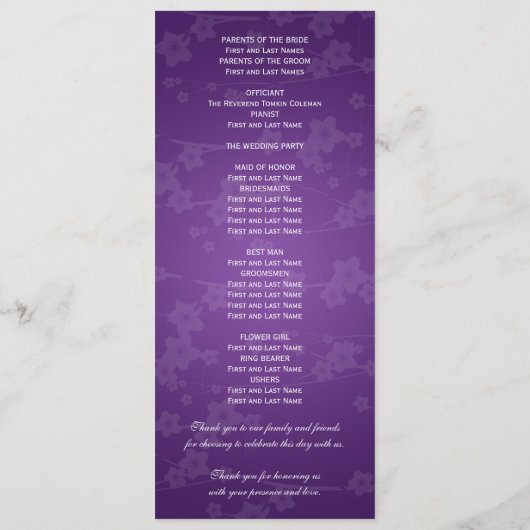 Elegant Wedding Program Cherry Blossom Paars Programmakaart (Achterkant)