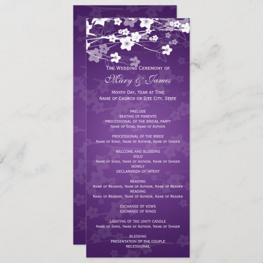 Elegant Wedding Program Cherry Blossom Paars Programmakaart (Voorkant / Achterkant)