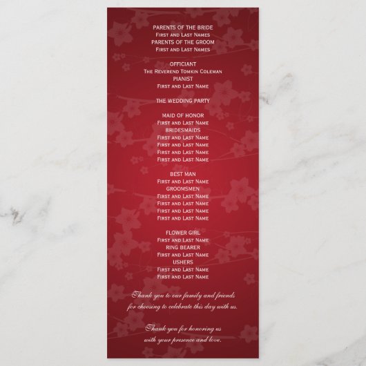 Elegant Wedding Program Cherry Blossom Red Programmakaart (Achterkant)