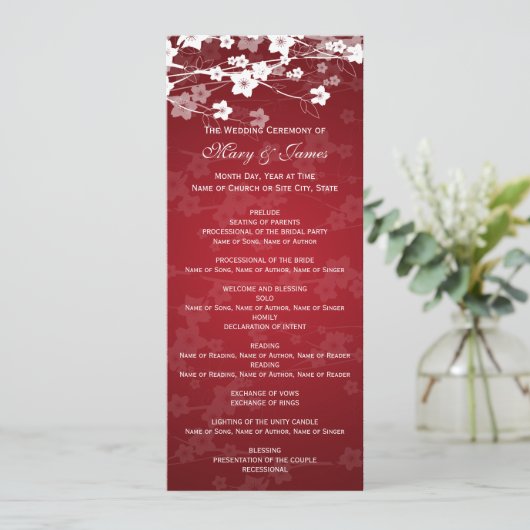 Elegant Wedding Program Cherry Blossom Red Programmakaart (Staand voorkant)