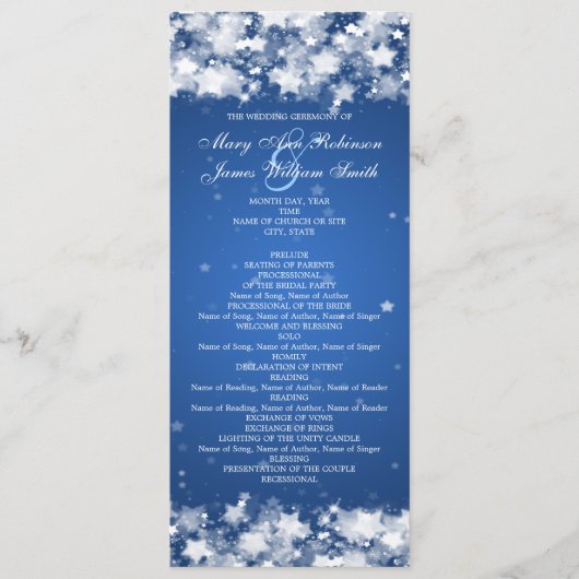 Elegant Wedding Program Dazzling Stars Blue Programmakaart (Voorkant)