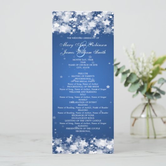 Elegant Wedding Program Dazzling Stars Blue Programmakaart (Staand voorkant)