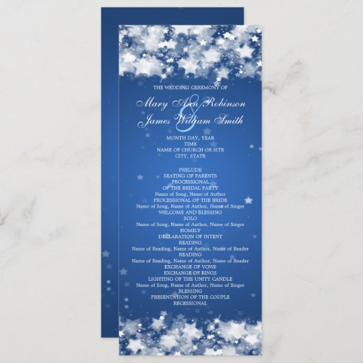 Elegant Wedding Program Dazzling Stars Blue Programmakaart (Voorkant / Achterkant)