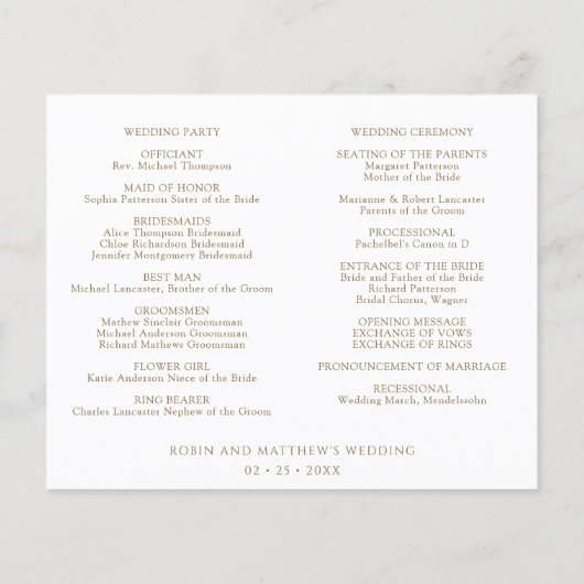 Elegant Wedding Program en tijdlijn in Gold (Achterkant)
