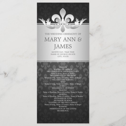 Elegant Wedding Program Fleur De Lis Black Programmakaart (Voorkant)