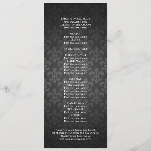 Elegant Wedding Program Fleur De Lis Black Programmakaart (Achterkant)