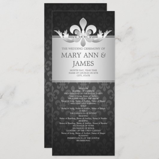 Elegant Wedding Program Fleur De Lis Black Programmakaart (Voorkant / Achterkant)