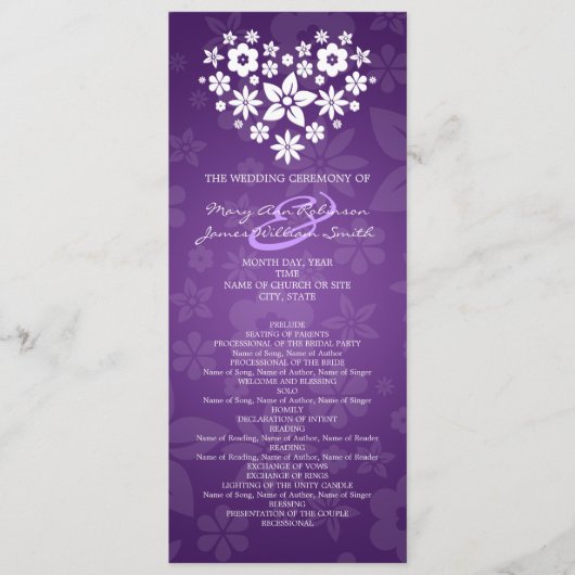 Elegant Wedding Program Flowery Heart Paars Programmakaart (Voorkant)