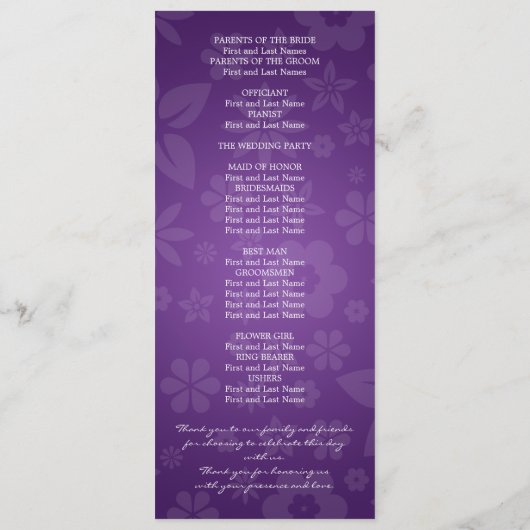 Elegant Wedding Program Flowery Heart Paars Programmakaart (Achterkant)