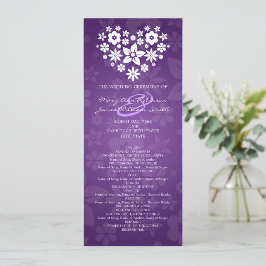 Elegant Wedding Program Flowery Heart Paars Programmakaart (Staand voorkant)