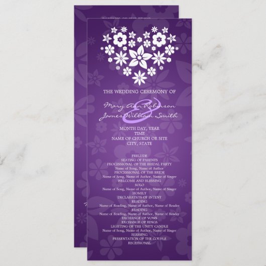 Elegant Wedding Program Flowery Heart Paars Programmakaart (Voorkant / Achterkant)