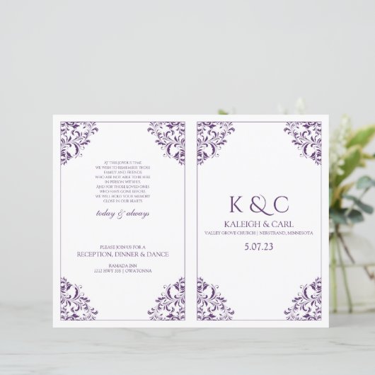 Elegant Wedding Program - Foldover Booklet - Plum (Staand voorkant)