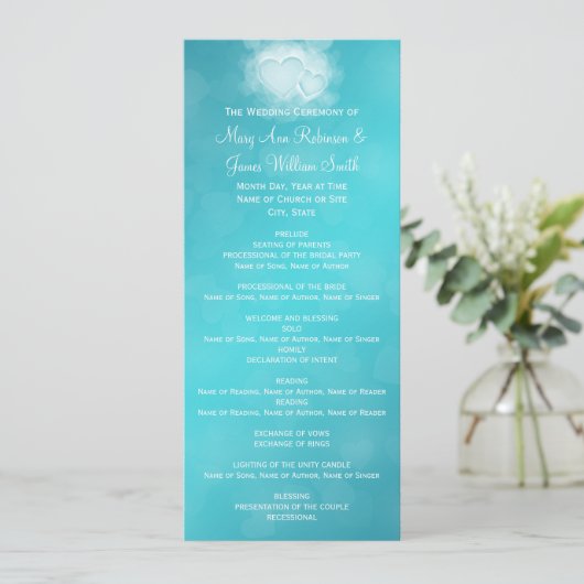 Elegant Wedding Program Modern Hearts Blue Programmakaart (Staand voorkant)