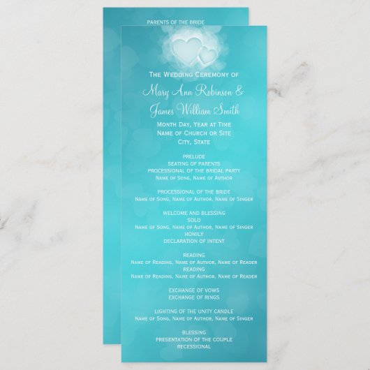 Elegant Wedding Program Modern Hearts Blue Programmakaart (Voorkant / Achterkant)