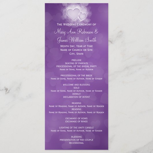 Elegant Wedding Program Modern Hearts Paars Programmakaart (Voorkant)