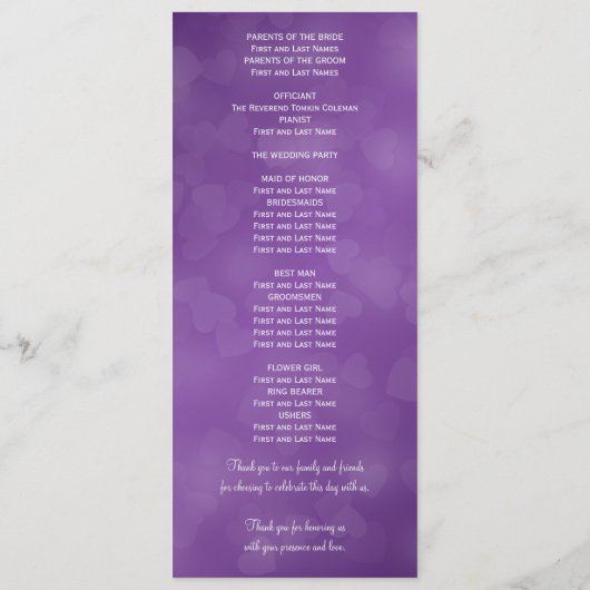 Elegant Wedding Program Modern Hearts Paars Programmakaart (Achterkant)