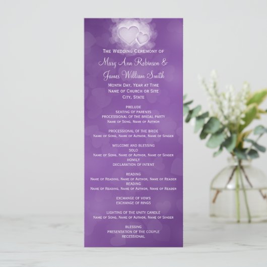Elegant Wedding Program Modern Hearts Paars Programmakaart (Staand voorkant)