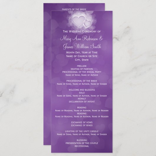 Elegant Wedding Program Modern Hearts Paars Programmakaart (Voorkant / Achterkant)