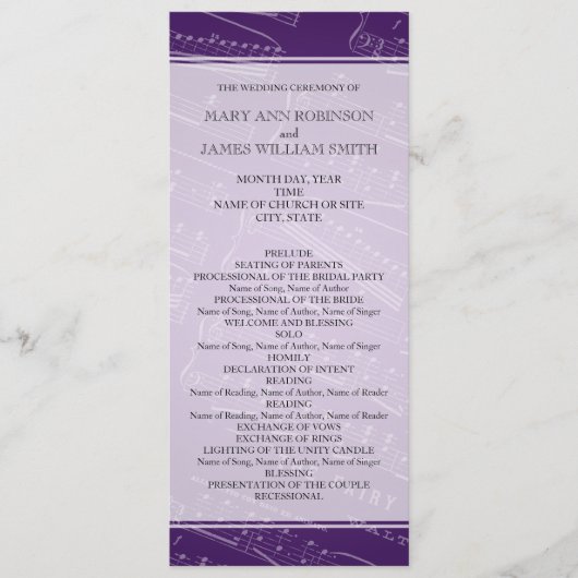 Elegant Wedding Program — Paars muziek Programmakaart (Voorkant)