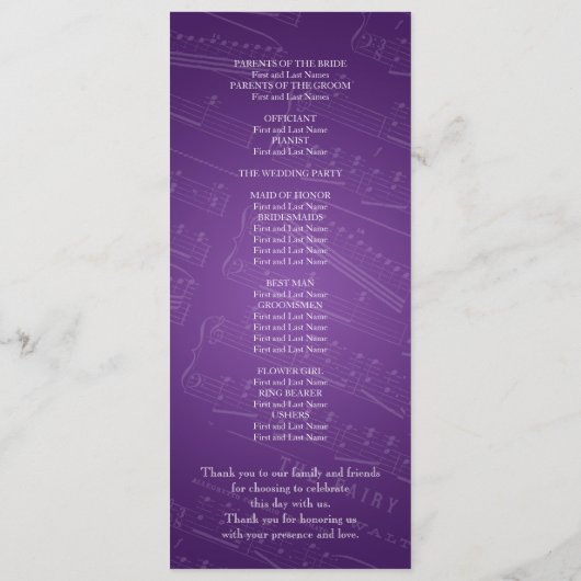 Elegant Wedding Program — Paars muziek Programmakaart (Achterkant)
