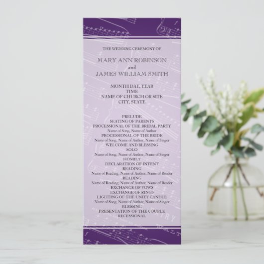 Elegant Wedding Program — Paars muziek Programmakaart (Staand voorkant)