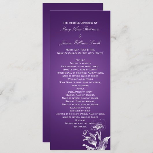 Elegant Wedding Program Poppy Paars Programmakaart (Voorkant / Achterkant)