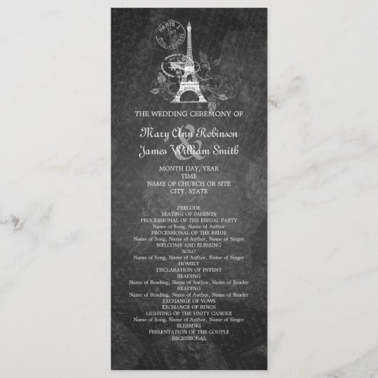 Elegant Wedding Program Romantic Paris Black Programmakaart (Voorkant)