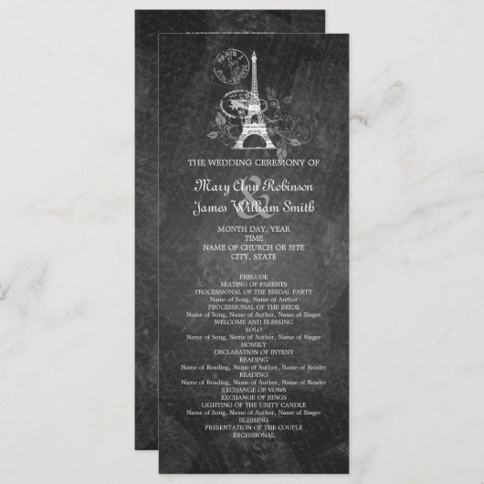 Elegant Wedding Program Romantic Paris Black Programmakaart (Voorkant / Achterkant)