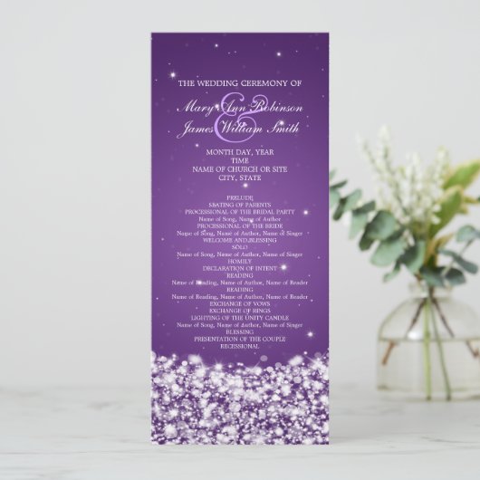 Elegant Wedding Program Star Sparkle Paars Programmakaart (Staand voorkant)