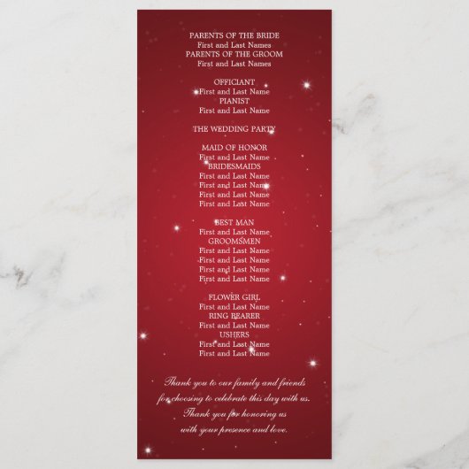 Elegant Wedding Program Star Sparkle Red Programmakaart (Achterkant)
