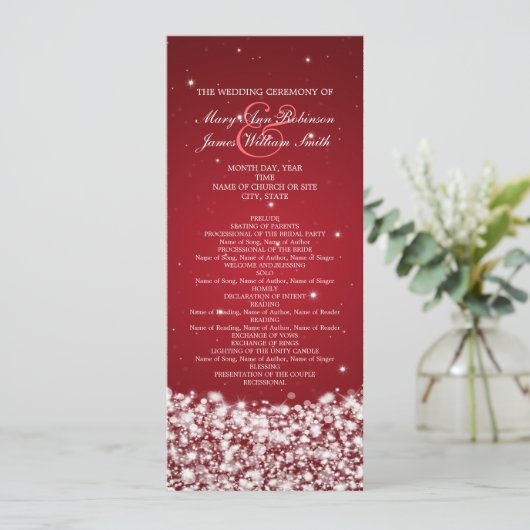 Elegant Wedding Program Star Sparkle Red Programmakaart (Staand voorkant)