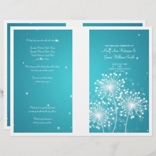 Elegant Wedding Program Summer Sparkle Turquoise (Voorkant / Achterkant)