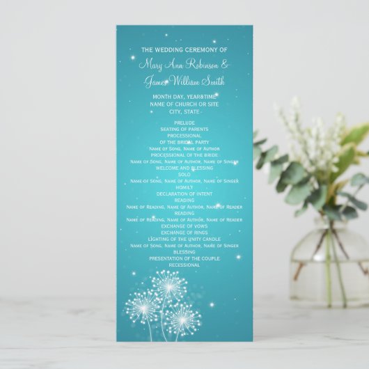 Elegant Wedding Program Summer Sparkle Turquoise Programmakaart (Staand voorkant)
