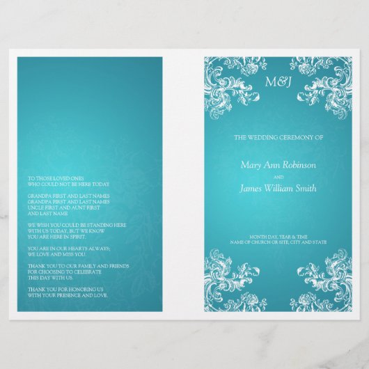 Elegant Wedding Program Swirls 2 Turquoise (Voorkant)