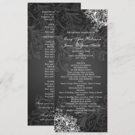 Elegant Wedding Program  Swirls Black Programmakaart (Voorkant / Achterkant)