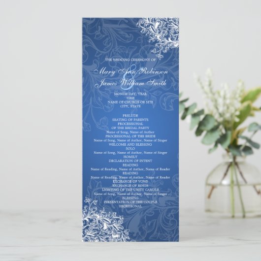 Elegant Wedding Program Swirls Blue Programmakaart (Staand voorkant)