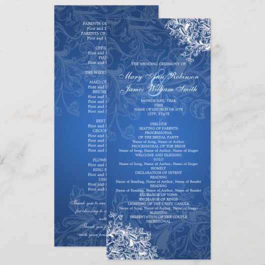 Elegant Wedding Program Swirls Blue Programmakaart (Voorkant / Achterkant)