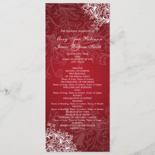 Elegant Wedding Program Swirls Red Programmakaart (Voorkant)