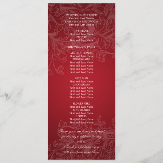 Elegant Wedding Program Swirls Red Programmakaart (Achterkant)