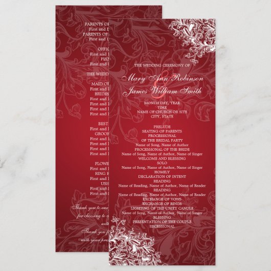 Elegant Wedding Program Swirls Red Programmakaart (Voorkant / Achterkant)