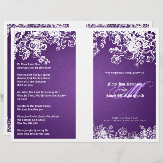 Elegant Wedding Program Victoriaans Vlaams Paars V (Voorkant / Achterkant)