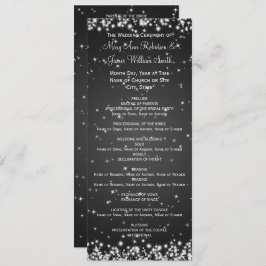Elegant Wedding Program Winter Sparkle Black Programmakaart (Voorkant / Achterkant)