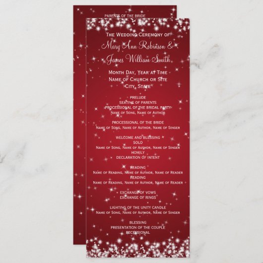 Elegant Wedding Program Winter Sparkle Red Programmakaart (Voorkant / Achterkant)